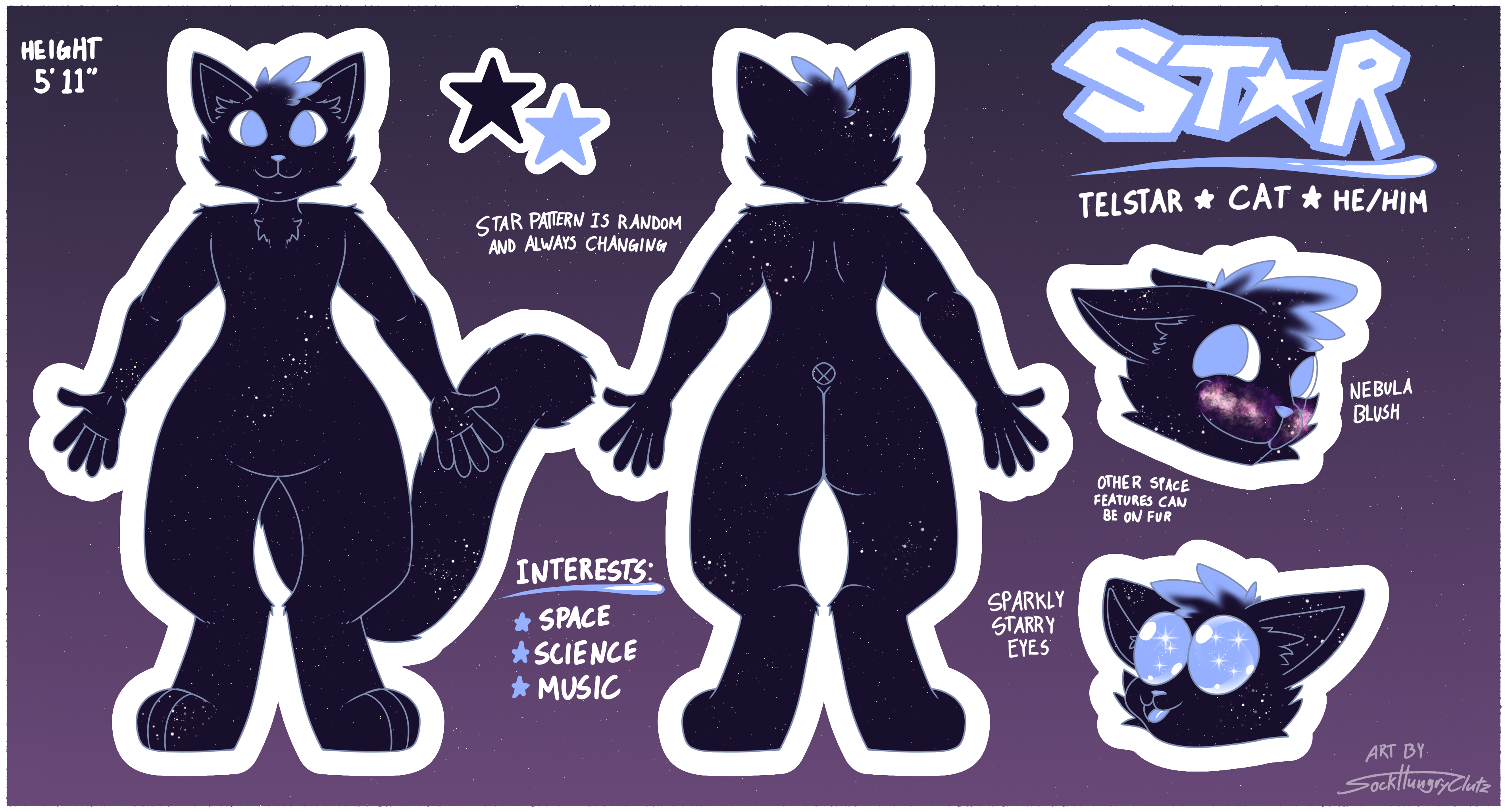Reference sheet of Star: Star, Telstar, Cat, He/Him, Height 5 foot 11 inches, star pattern is random and always changing, interests: space, science, music, nebula blush, other space features can be on fur, sparkly, starry eyes. Art by SockHungryClutz